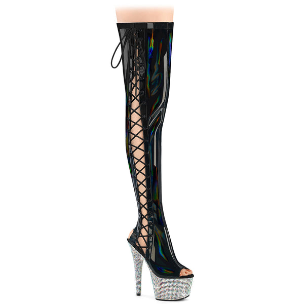 BEJEWELED-3052HG-7 OVERKNEE Plateau Stiefel - Schwarz Lack Holo Effekt von Pleaser