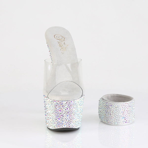 BEJEWELED-712MS Plateau High Heel Pantoletten mit Strasssteinen und Ankle Cuffs - Silber von Pleaser – Ansicht 2