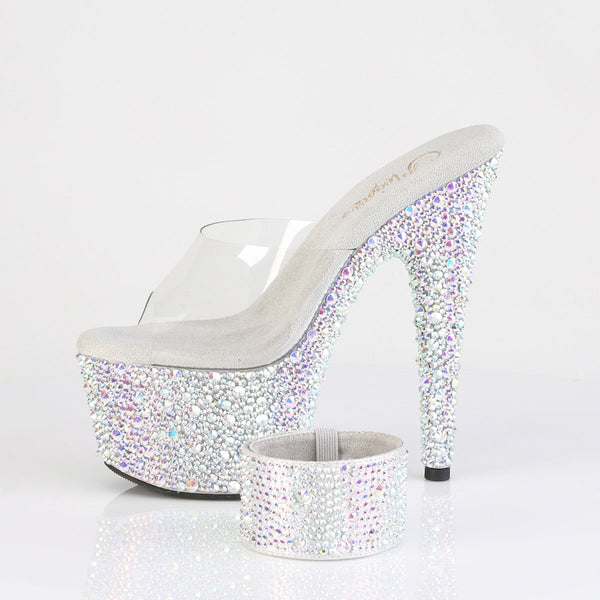 BEJEWELED-712MS Plateau High Heel Pantoletten mit Strasssteinen und Ankle Cuffs - Silber von Pleaser – Ansicht 3
