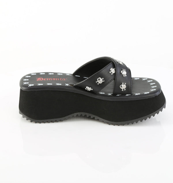 FLIP-05 Plateau Pantoletten schwarz Totenköpfe Riemchen von DemoniaCult – Ansicht 5