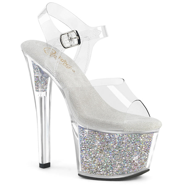 SKY-308RSI Plateau High Heel Sandaletten - Silber/Transparent Glitzer von Pleaser