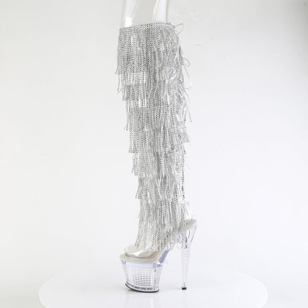 SPECTATOR-3019C-RSF - Plateau Peeptoe Overknee Stiefel - Silber/Transparent mit Strass von Pleaser – Ansicht 3