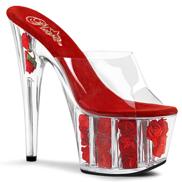 ADORE-701FL Plateau Pantoletten Rot Transparent Rosen von Pleaser