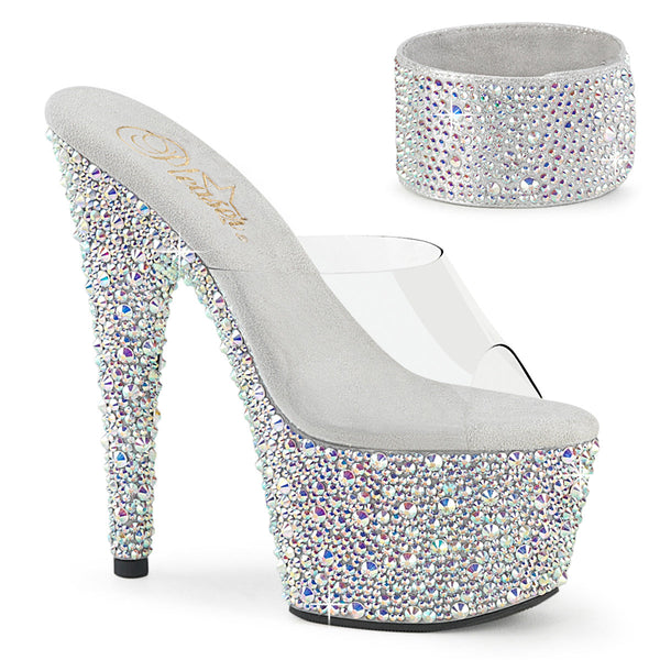 BEJEWELED-712MS Plateau High Heel Pantoletten mit Strasssteinen und Ankle Cuffs - Silber von Pleaser