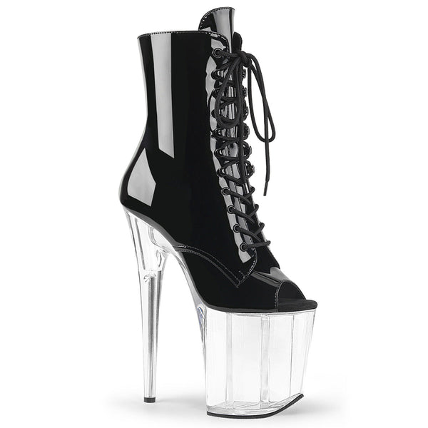 FLAMINGO-1021 Plateau Peeptoe Stiefeletten Schwarz Lack Transparent von Pleaser
