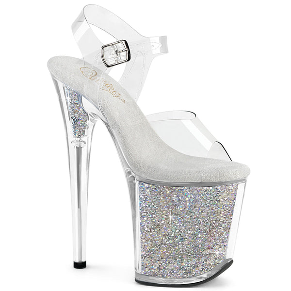 FLAMINGO-808RSI Plateau Sandaletten Silber/Transparent Glitzer von Pleaser