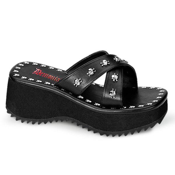 FLIP-05 Plateau Pantoletten schwarz Totenköpfe Riemchen von DemoniaCult