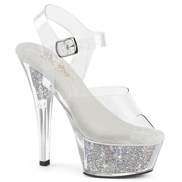 KISS-208RSI Plateau High Heel Sandaletten - Silber/Transparent Glitzer von Pleaser