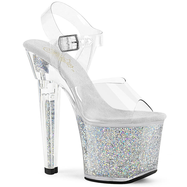 LOVESICK-708SG - Plateau High Heel Sandaletten - Transparent/Silber Glitzer von Pleaser