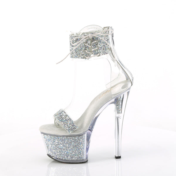 SKY-327RSI - Plateau High Heel Sandaletten - Silber/Transparent mit Strass von Pleaser – Ansicht 3