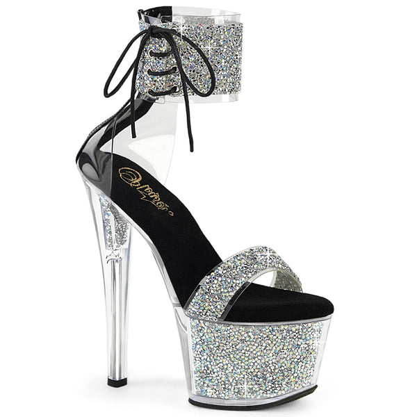 SKY-327RSI - Plateau High Heel Sandaletten - Silber/Schwarz mit Strass von Pleaser