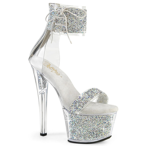 SKY-327RSI - Plateau High Heel Sandaletten - Silber/Transparent mit Strass von Pleaser